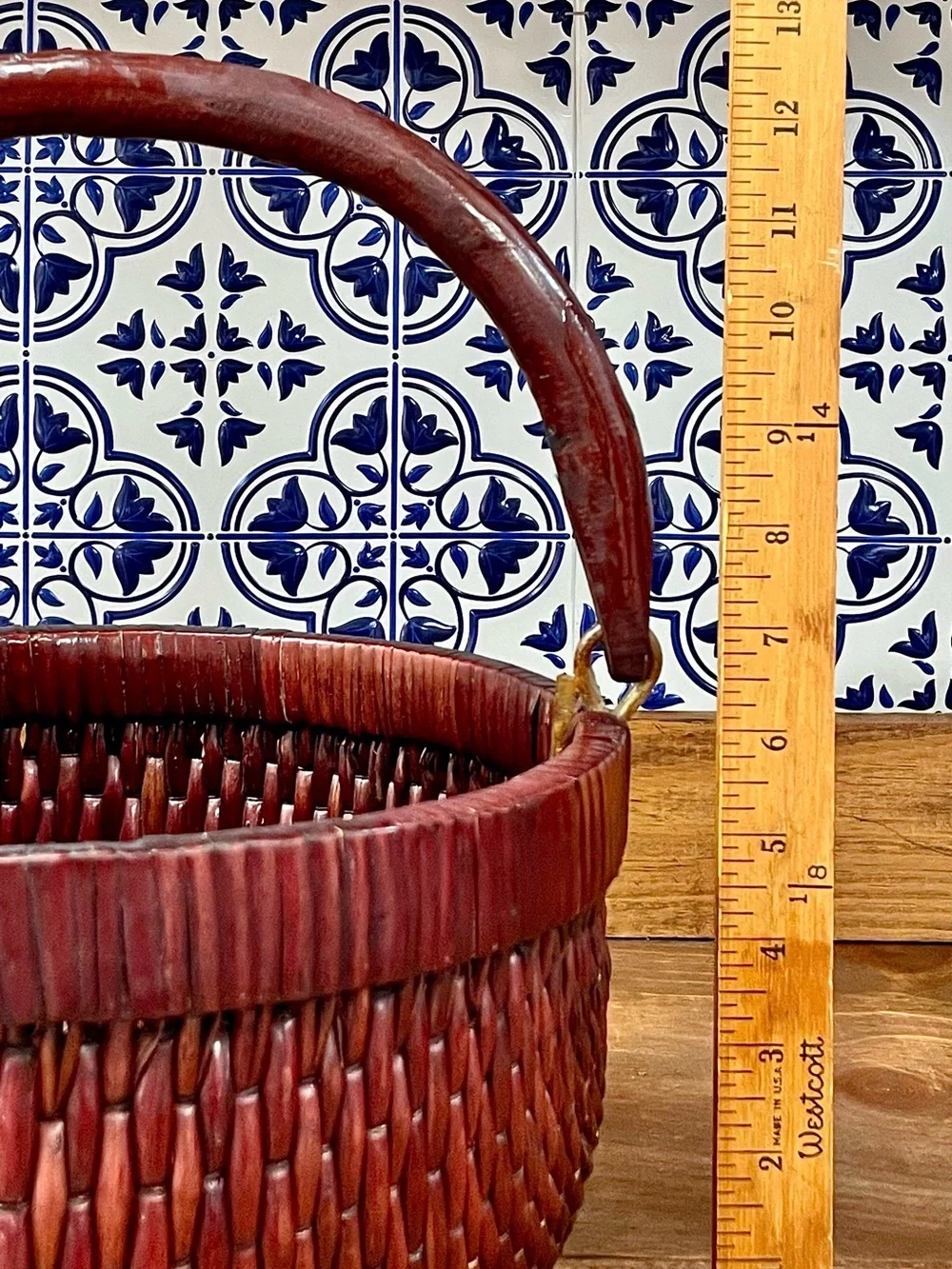 Vintage Chinese Lacquered Woven Harvest Basket Wooden Handle Asian Rustic Decor